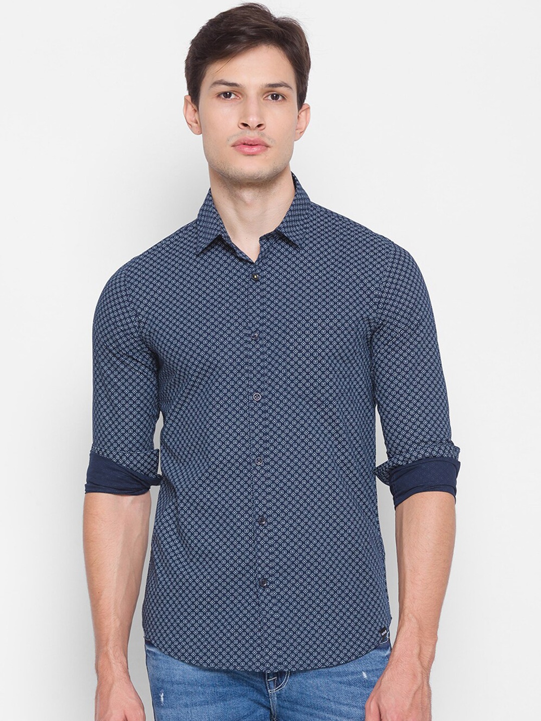 

SPYKAR Men Navy Blue Slim Fit Opaque Printed Casual Shirt