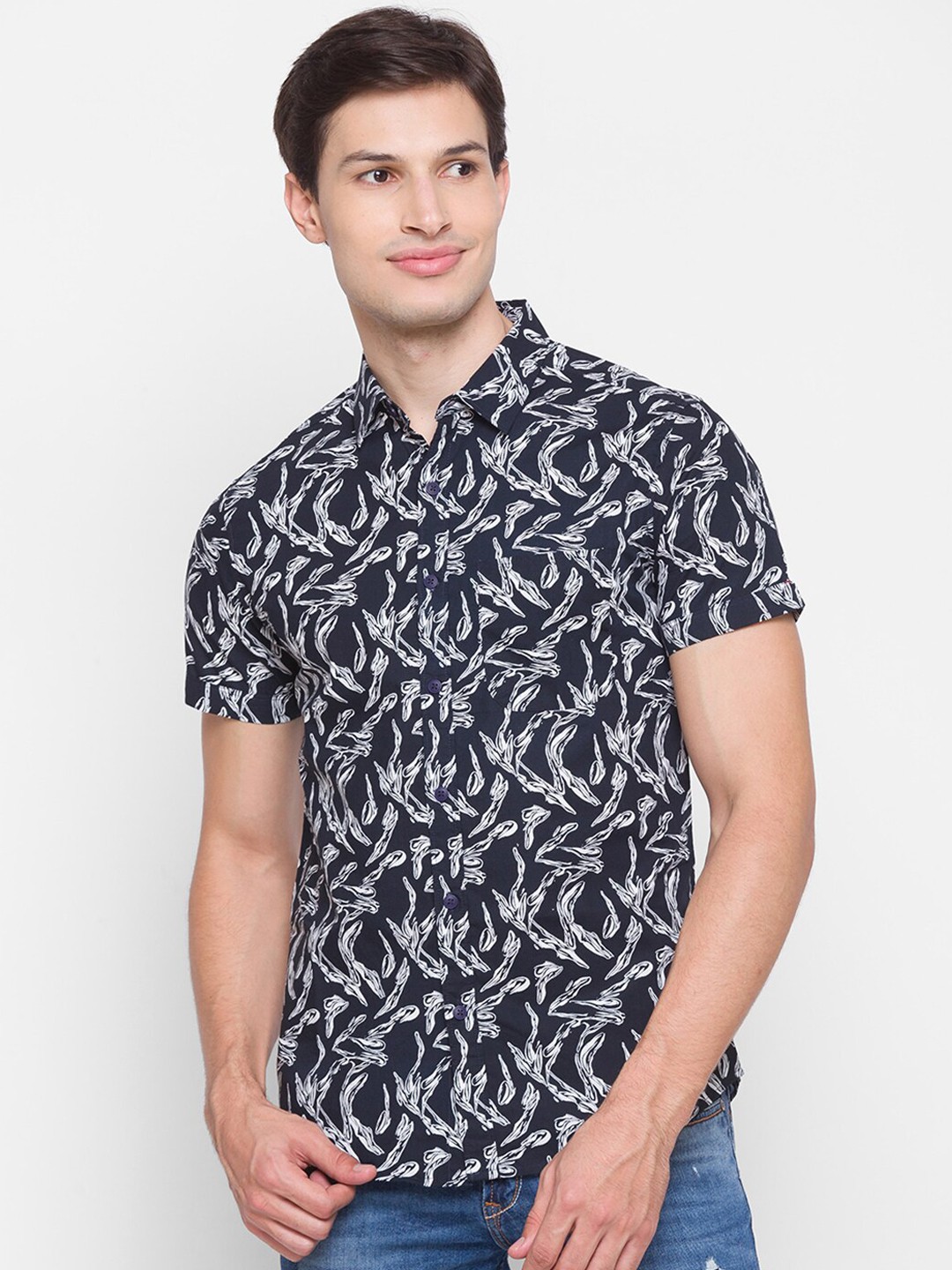 

SPYKAR Men Navy Blue Slim Fit Opaque Printed Casual Shirt