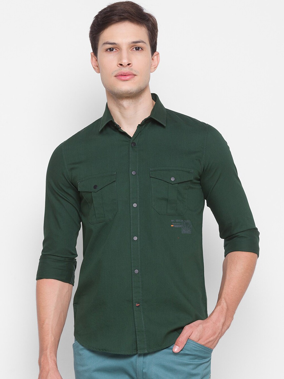 

SPYKAR Men Olive Green Slim Fit Opaque Pure Cotton Casual Shirt