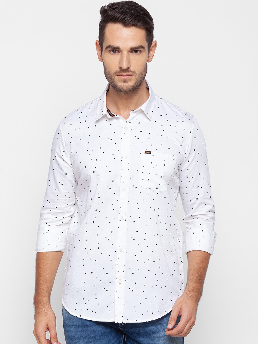 

SPYKAR Men White Slim Fit Opaque Printed Pure Cotton Casual Shirt