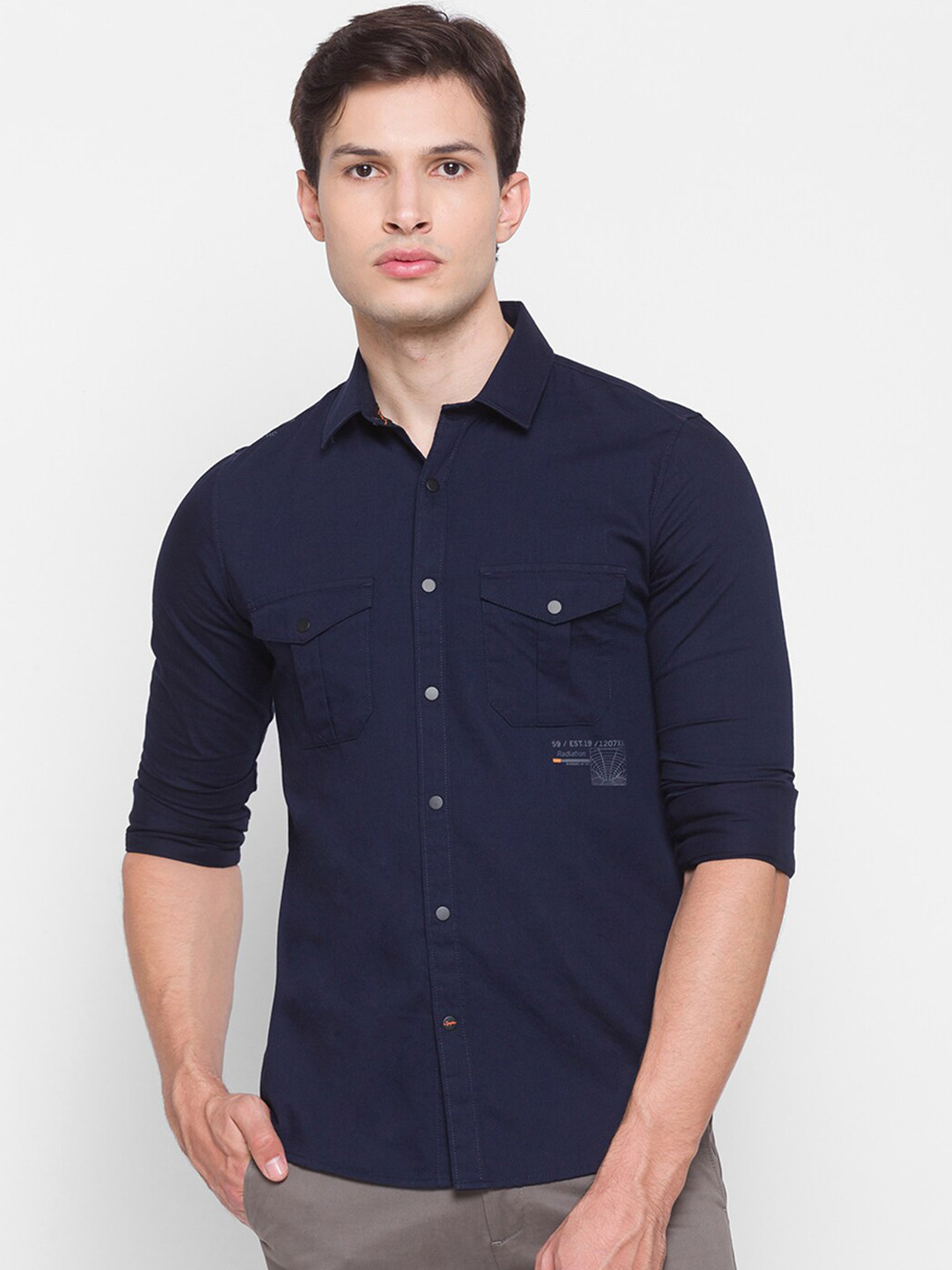 

SPYKAR Men Blue Slim Fit Opaque Pure Cotton Casual Shirt