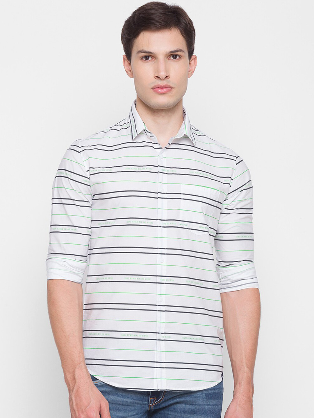 

SPYKAR Men White Slim Fit Horizontal Stripes Opaque Striped Casual Shirt