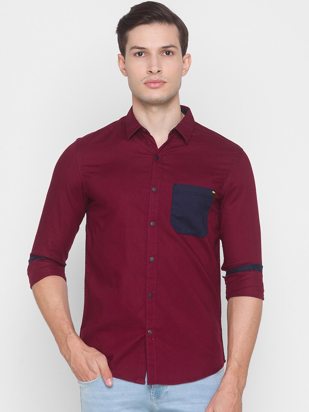 

SPYKAR Men Maroon Slim Fit Opaque Colourblocked Casual Shirt