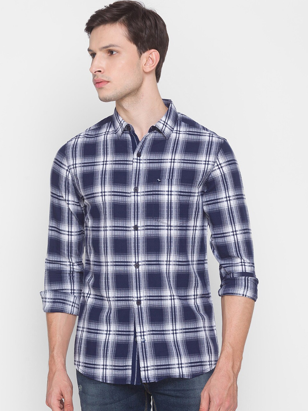 

SPYKAR Men Navy Blue Slim Fit Tartan Checks Opaque Checked Casual Shirt