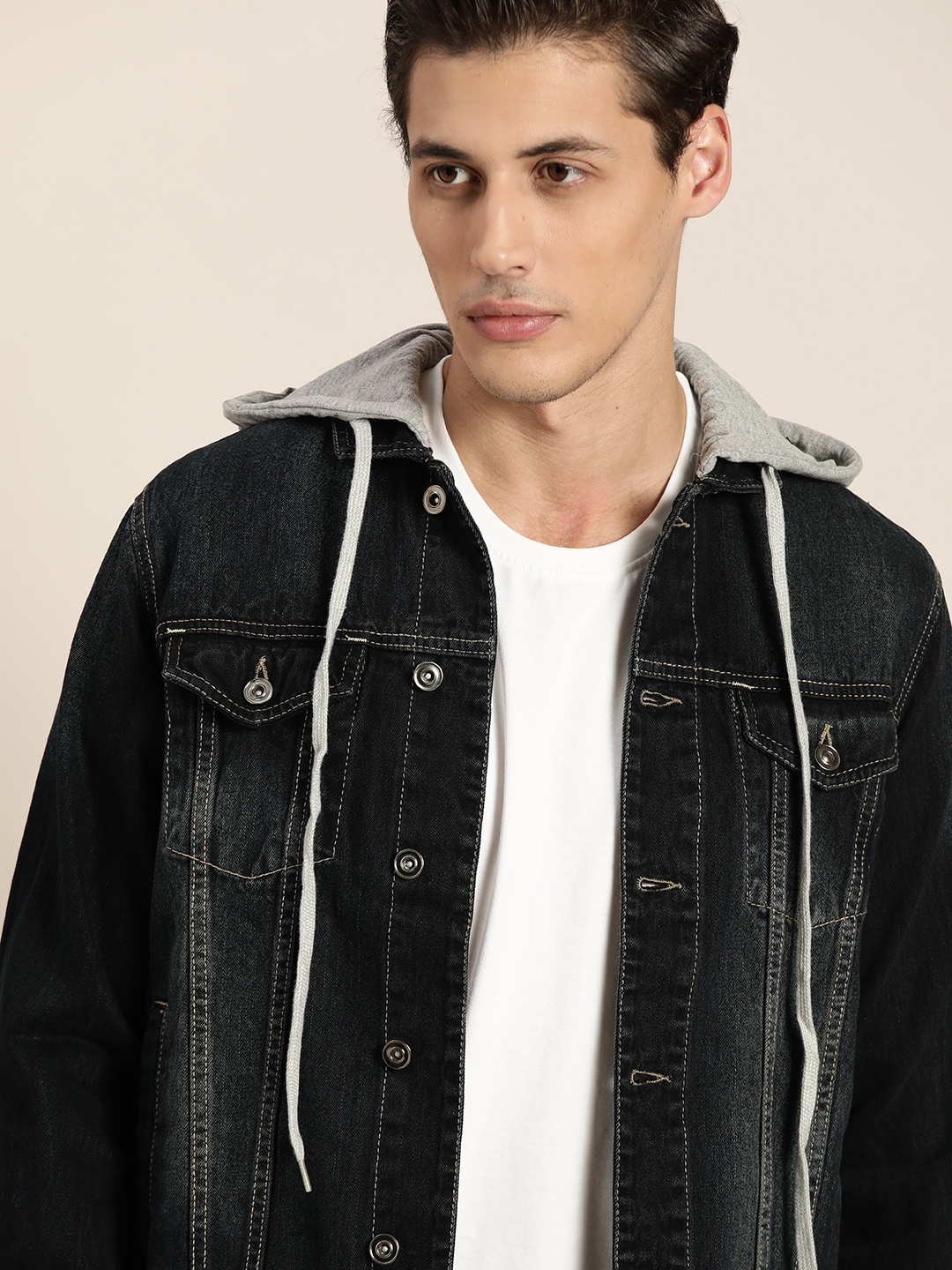 

INVICTUS Men Black Washed Pure Cotton Hooded Denim Jacket