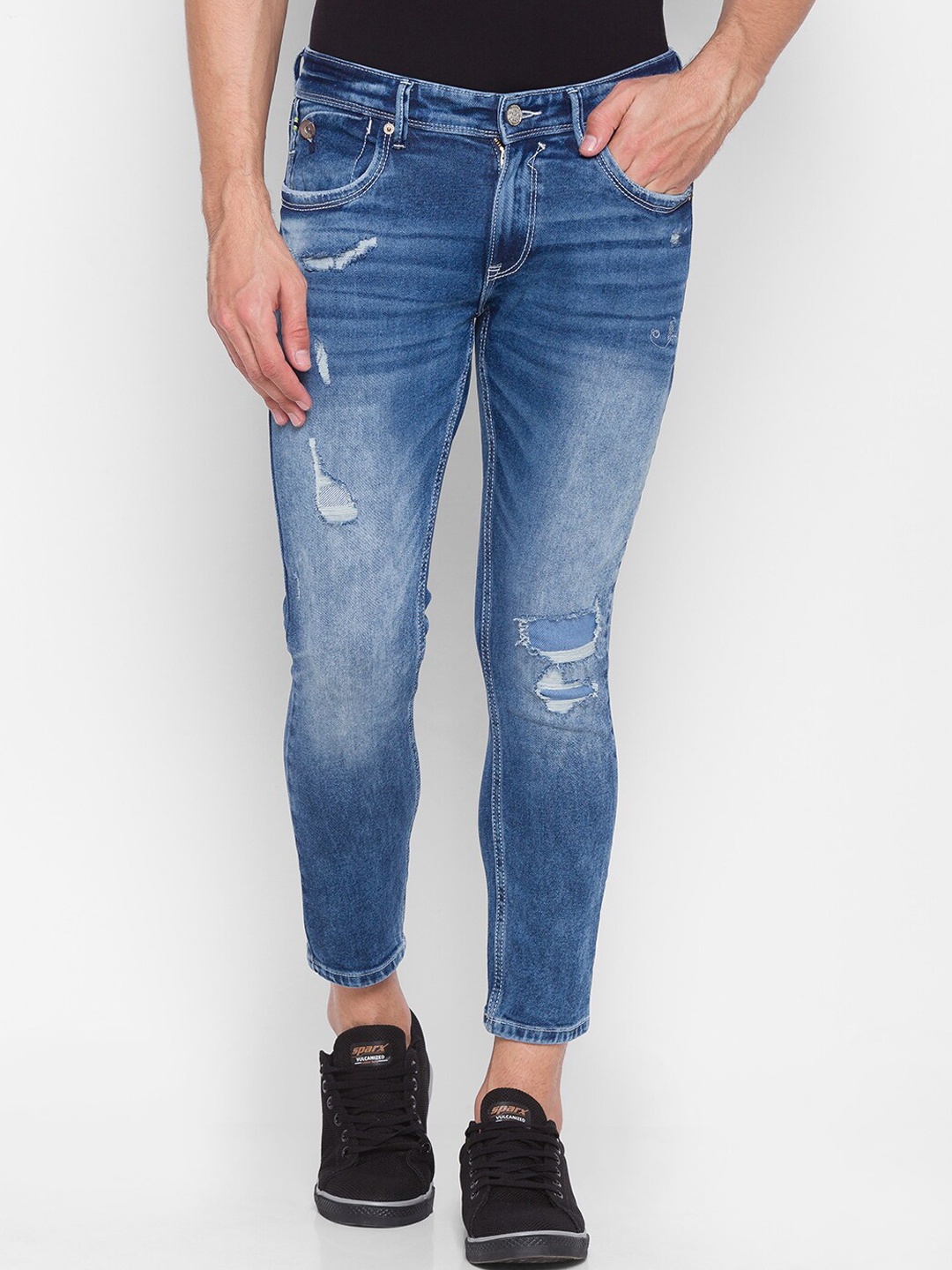 

SPYKAR Men Blue Tapered Fit Mildly Distressed Heavy Fade Jeans