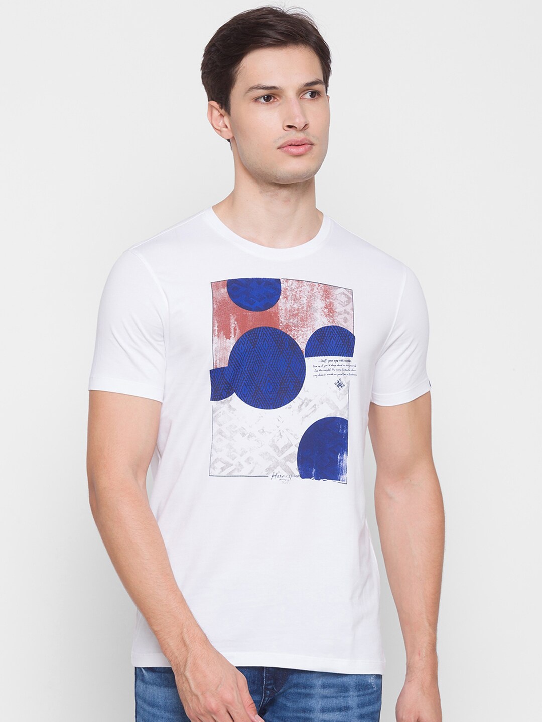 

SPYKAR Men White Printed Applique Slim Fit T-shirt