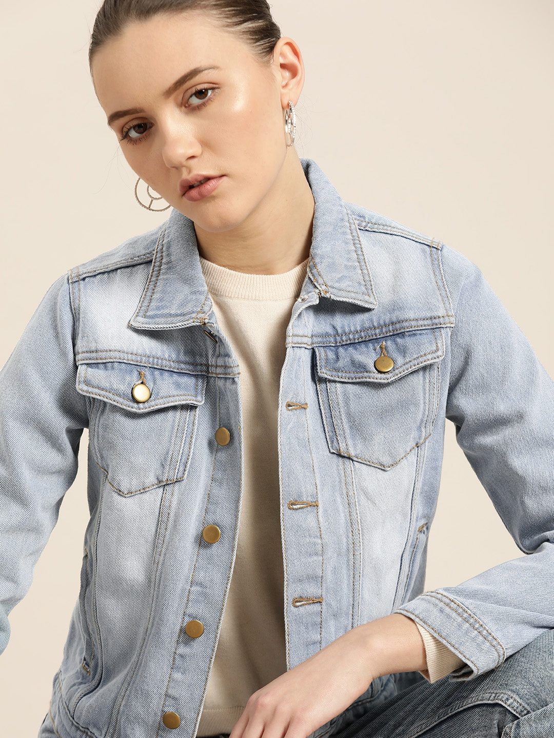 

her by invictus Women Blue Pure Cotton Denim Jacket