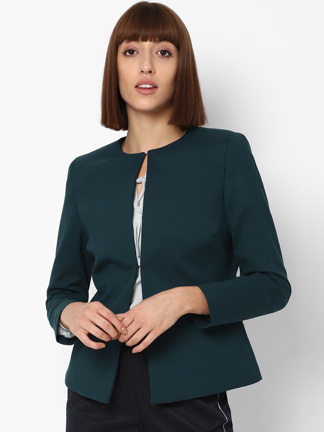 

Allen Solly Woman Women Green Solid Open-Front Formal Blazer