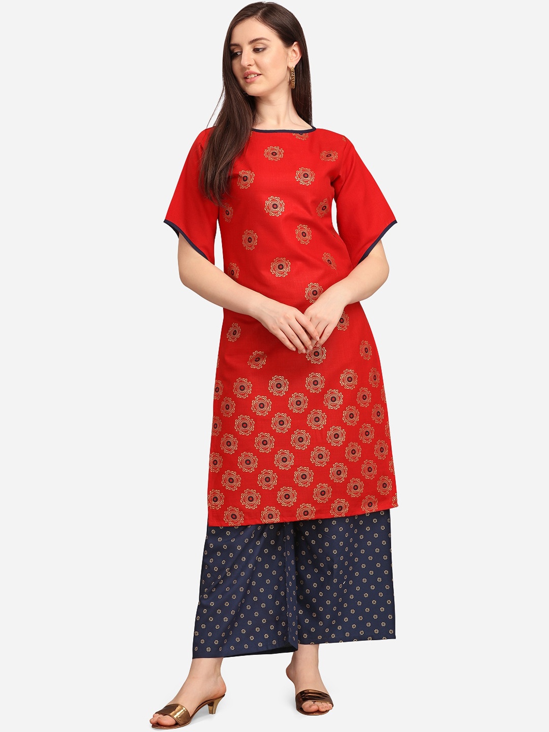 

Youthnic Women Red & Gold-Toned Ethnic Motifs Printed Flared Sleeves Kurta