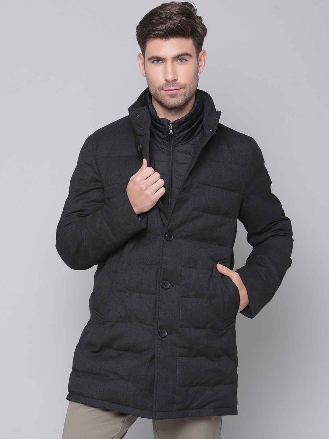 

Bruun & Stengade Men Charcoal Grey Lightweight Longline Padded Jacket