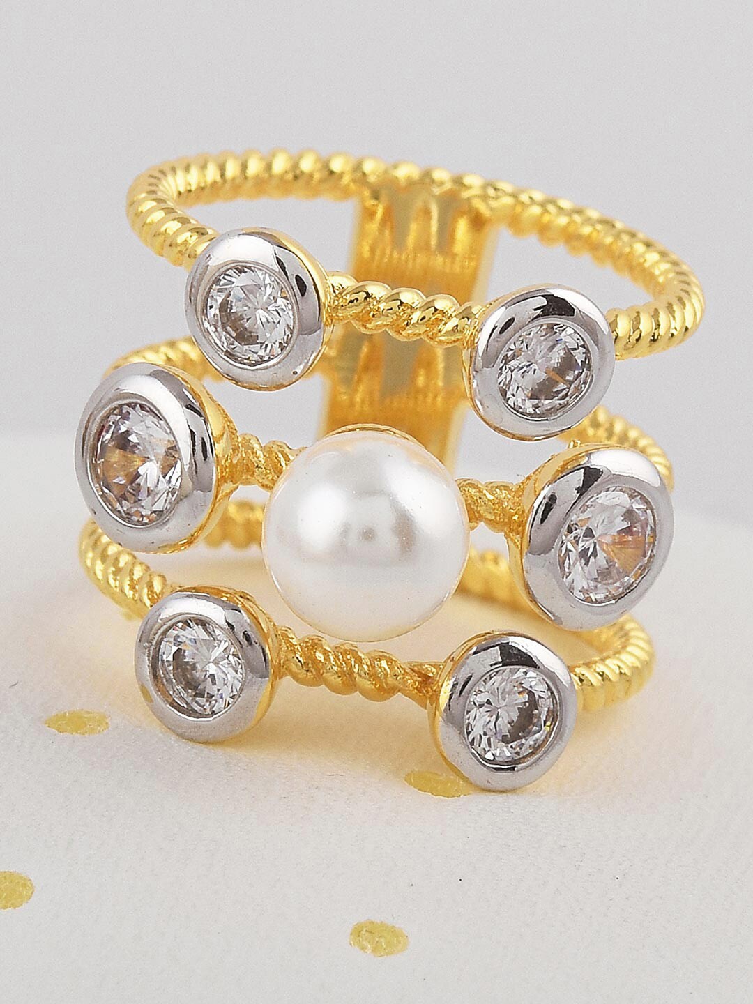 

Tistabene White & Gold-Plated AD-Studded Two Tone Finger Ring