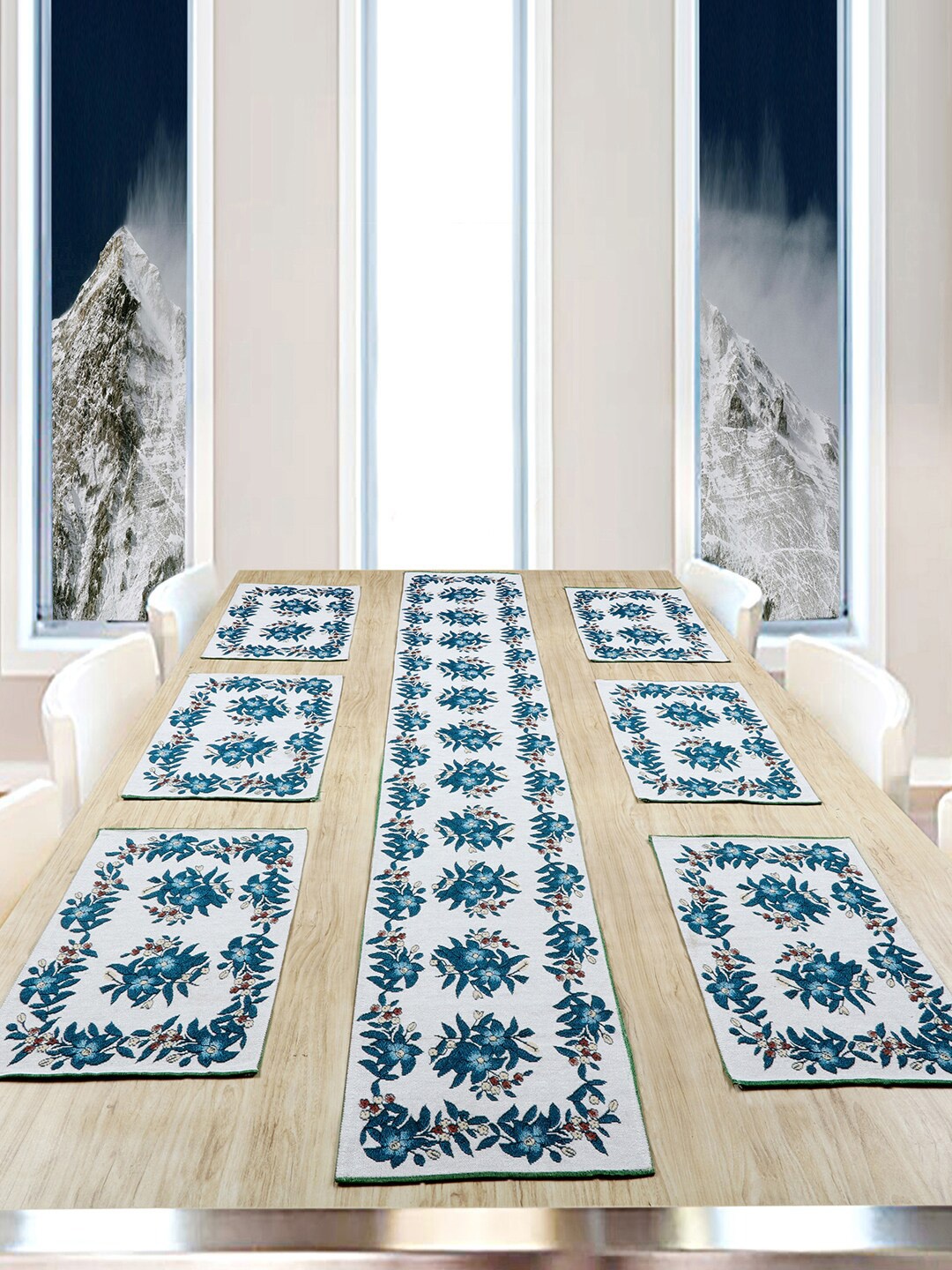 

BELLA TRUE Set Of 7 White & Teal Blue Floral Printed Jacquard Table Placement & Runner Set