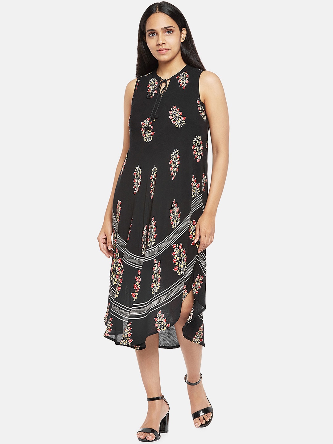 

People Women Black & Red Ethnic Motif Printed Tie-Up Neck A-Line Midi Dress