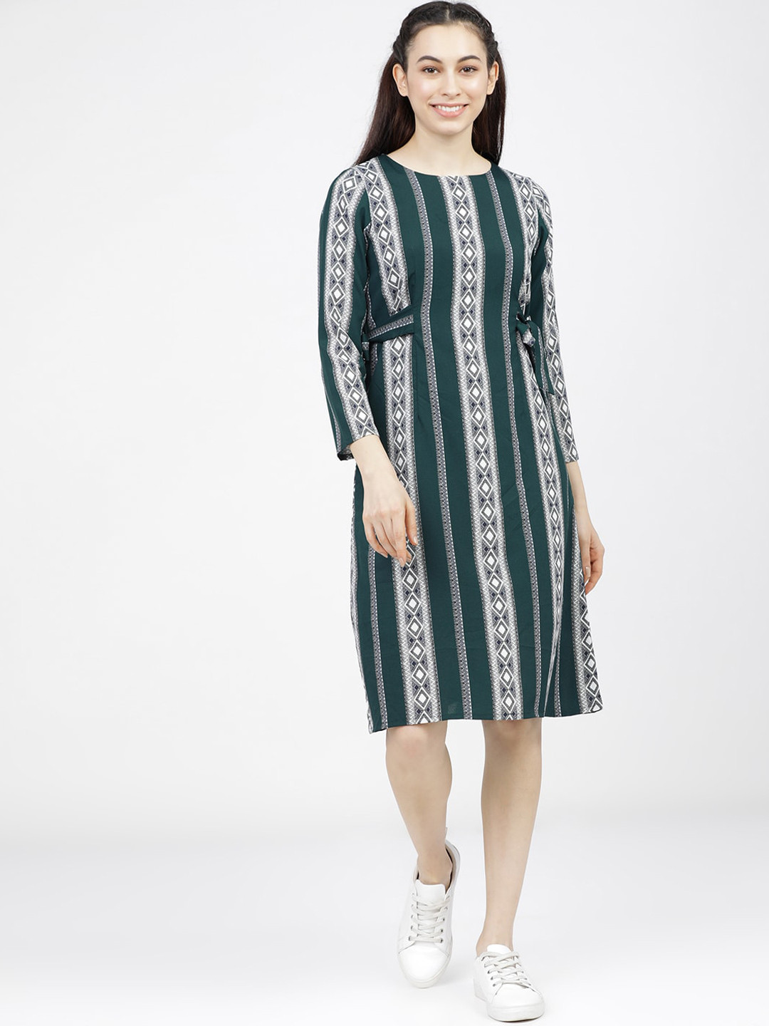

Tokyo Talkies Women Green & Grey Midi Dress With Side Tie-Ups