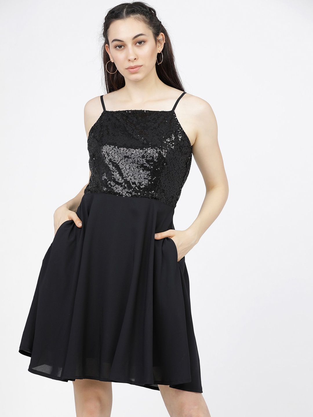 

Tokyo Talkies Women Black Sequined Embellished Georgette Dress