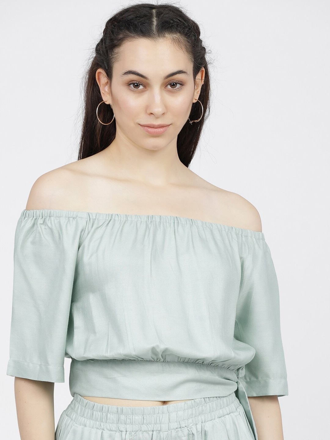 

Tokyo Talkies Women Green Off-Shoulder Bardot Crop Top