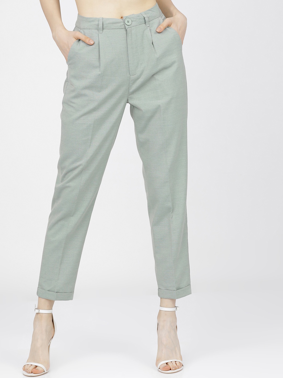 

Tokyo Talkies Women Green High-Rise Pleated Trousers