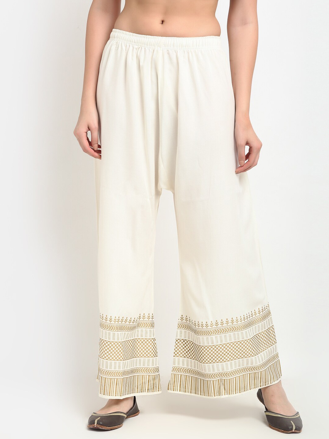 

TAG 7 Women White & Gold Geometric Foil Printed Flared Palazzos