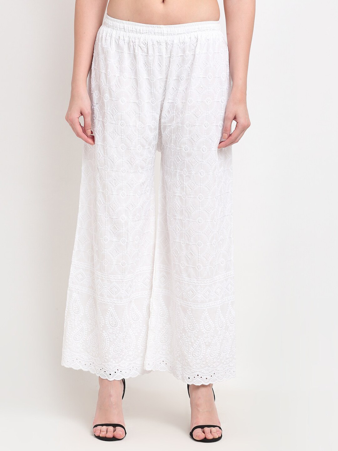 

TAG 7 Women White Embroidered Flared Ethnic Palazzos