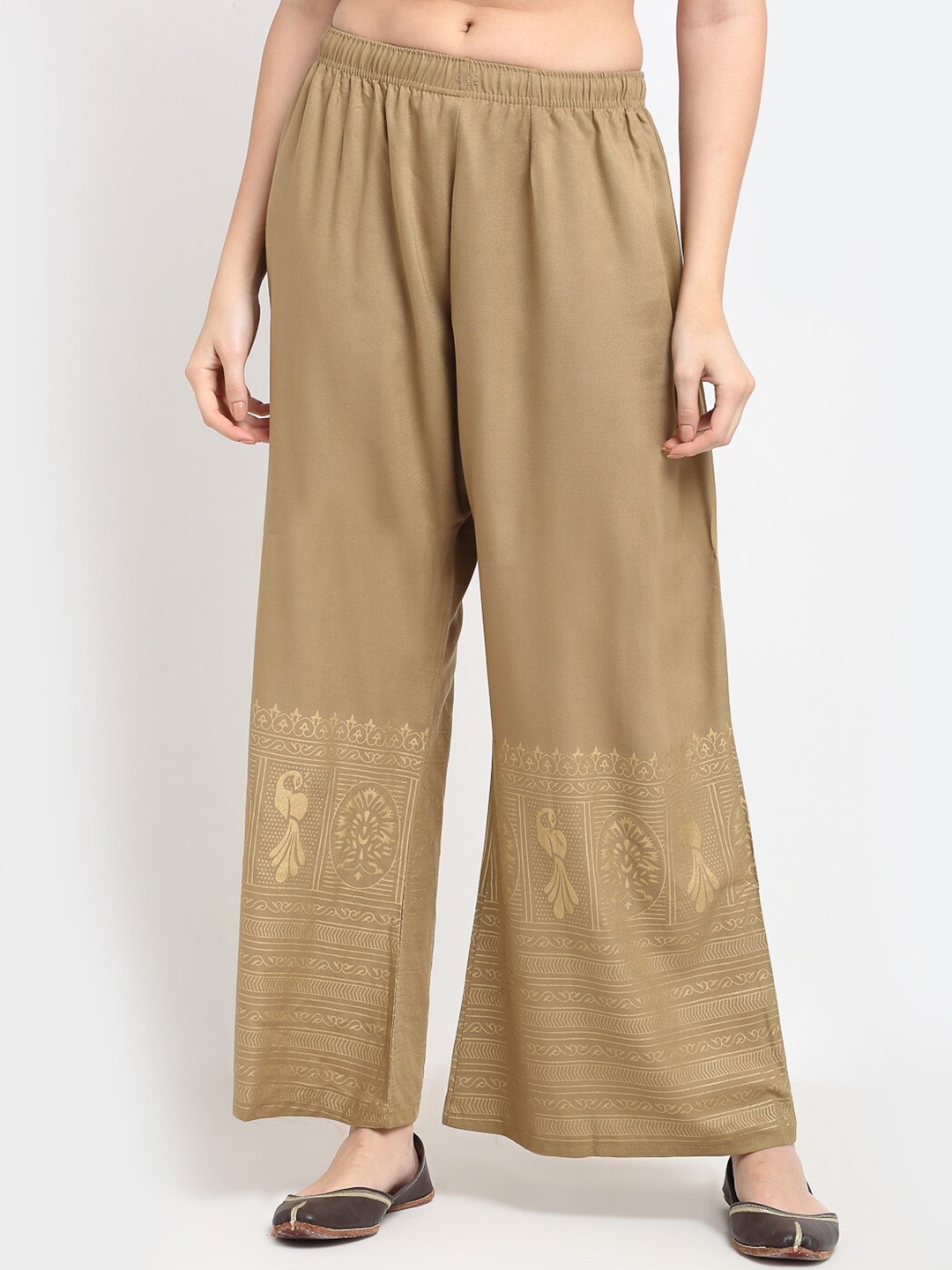 

TAG 7 Women Beige & Gold-Toned Ethnic Motifs Printed Flared Ethnic Palazzos