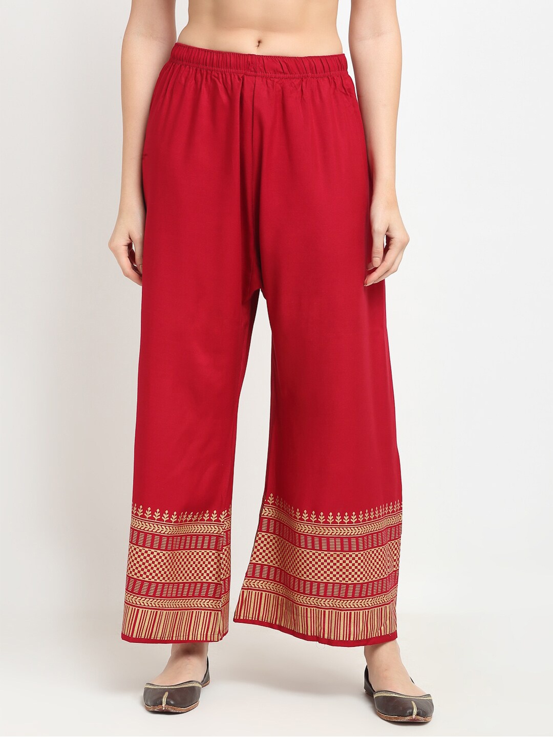 

TAG 7 Women Maroon & Gold-Toned Ethnic Motifs Printed Flared Ethnic Palazzos