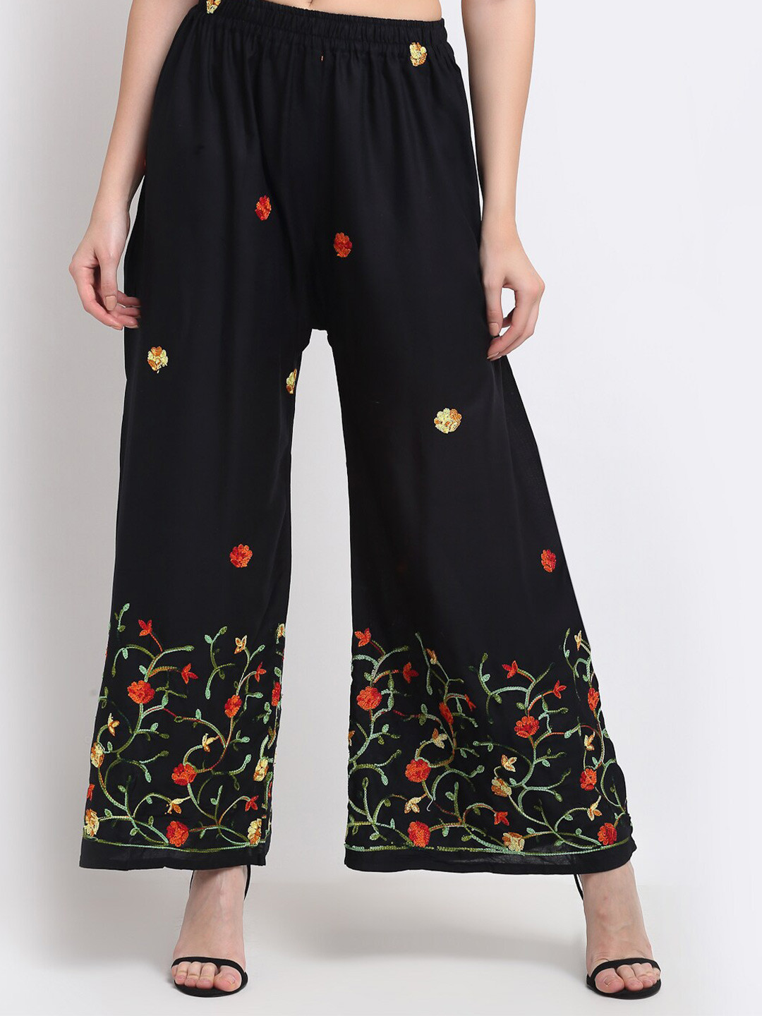 

TAG 7 Women Black Embroidered Flared Palazzo