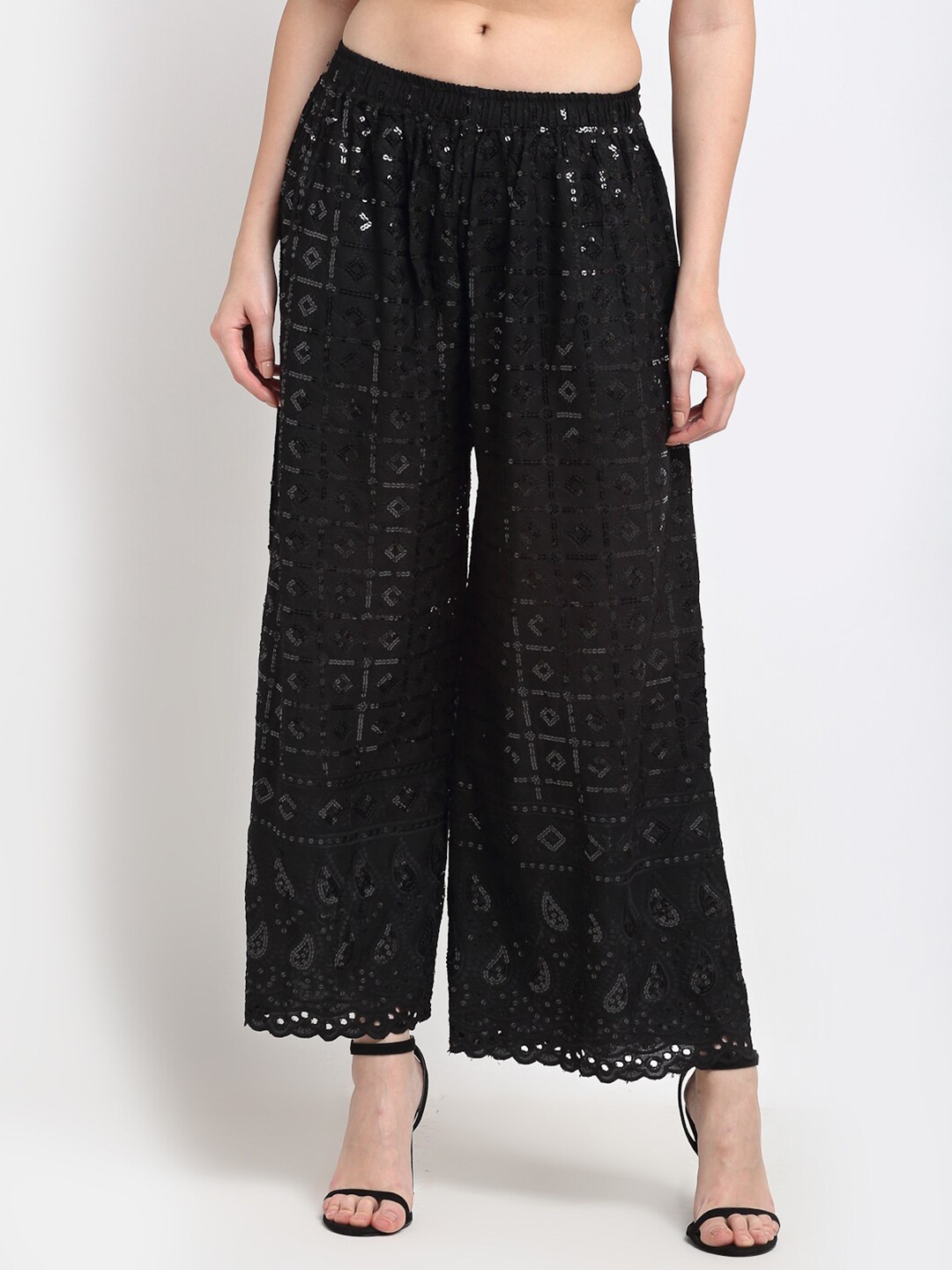 

TAG 7 Women Black Embellished Flared Ethnic Palazzos