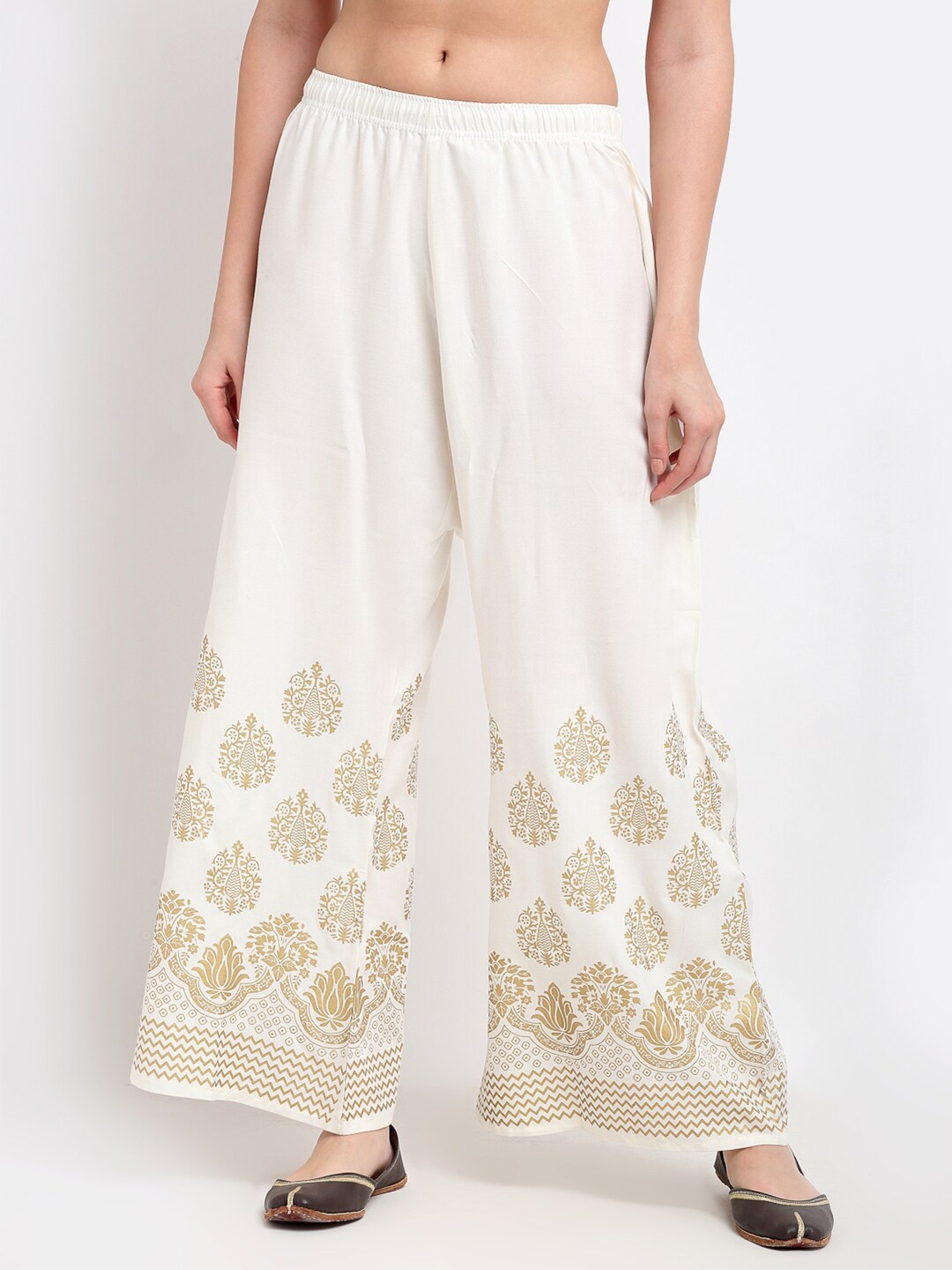 

TAG 7 Women White & Gold-Toned Printed Flared Palazzos
