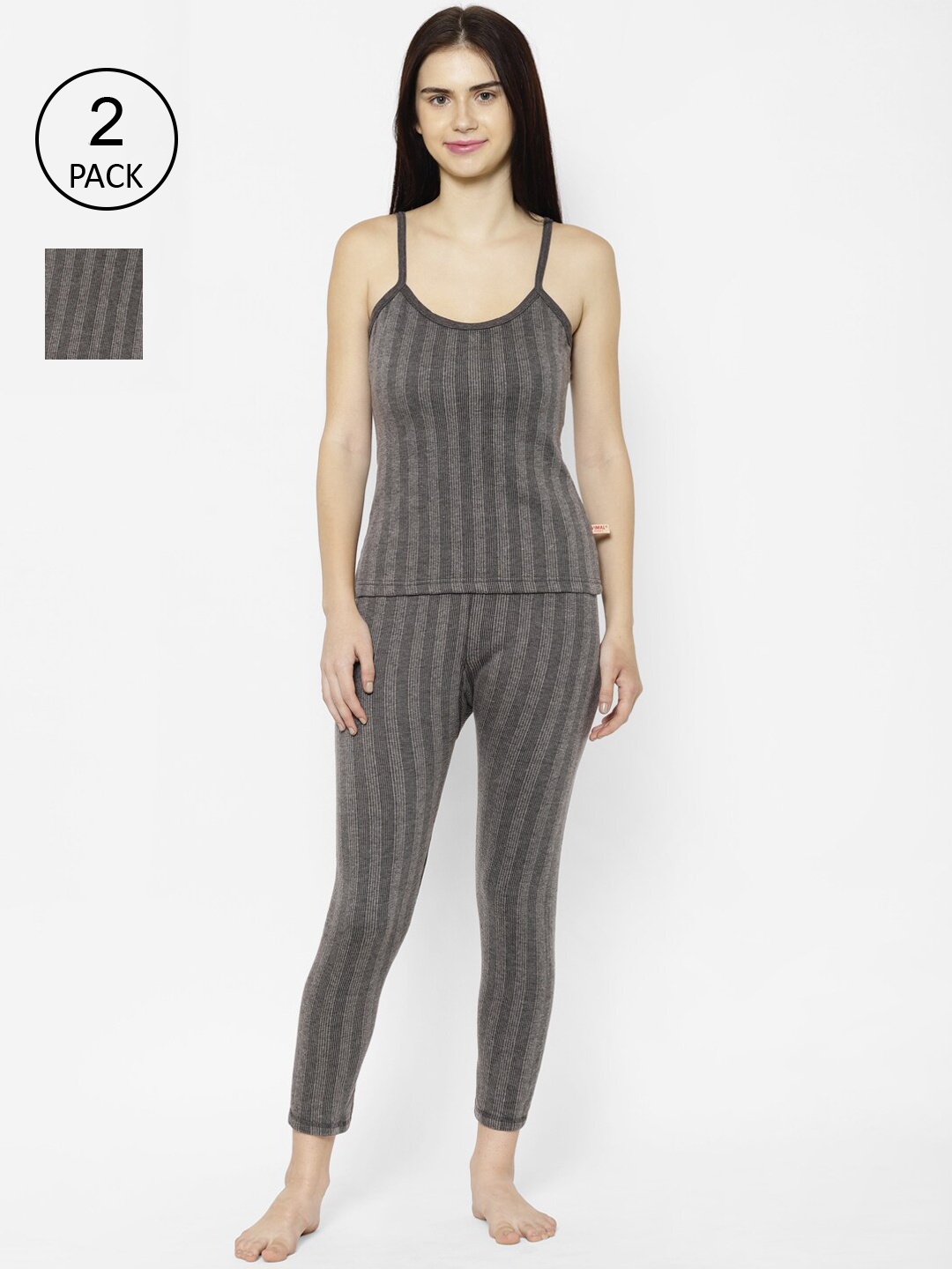 

VIMAL JONNEY Women Pack Of 2 Grey Striped Thermal Set