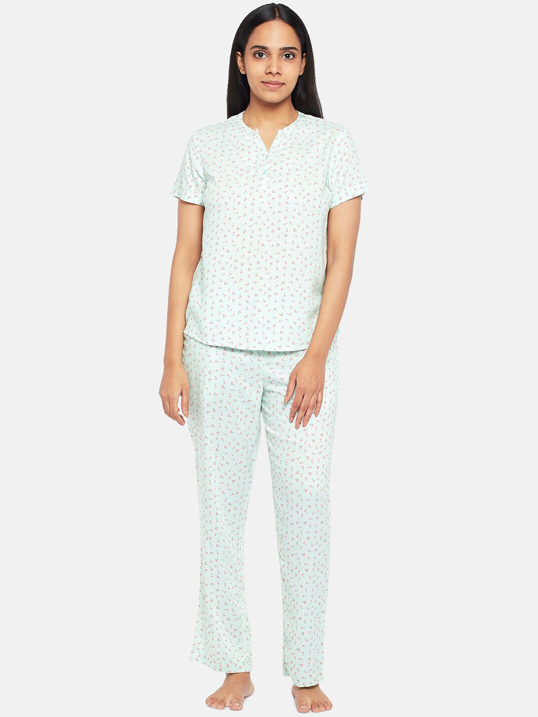 

Dreamz by Pantaloons Women Turquoise Blue & Pink Printed Night suit
