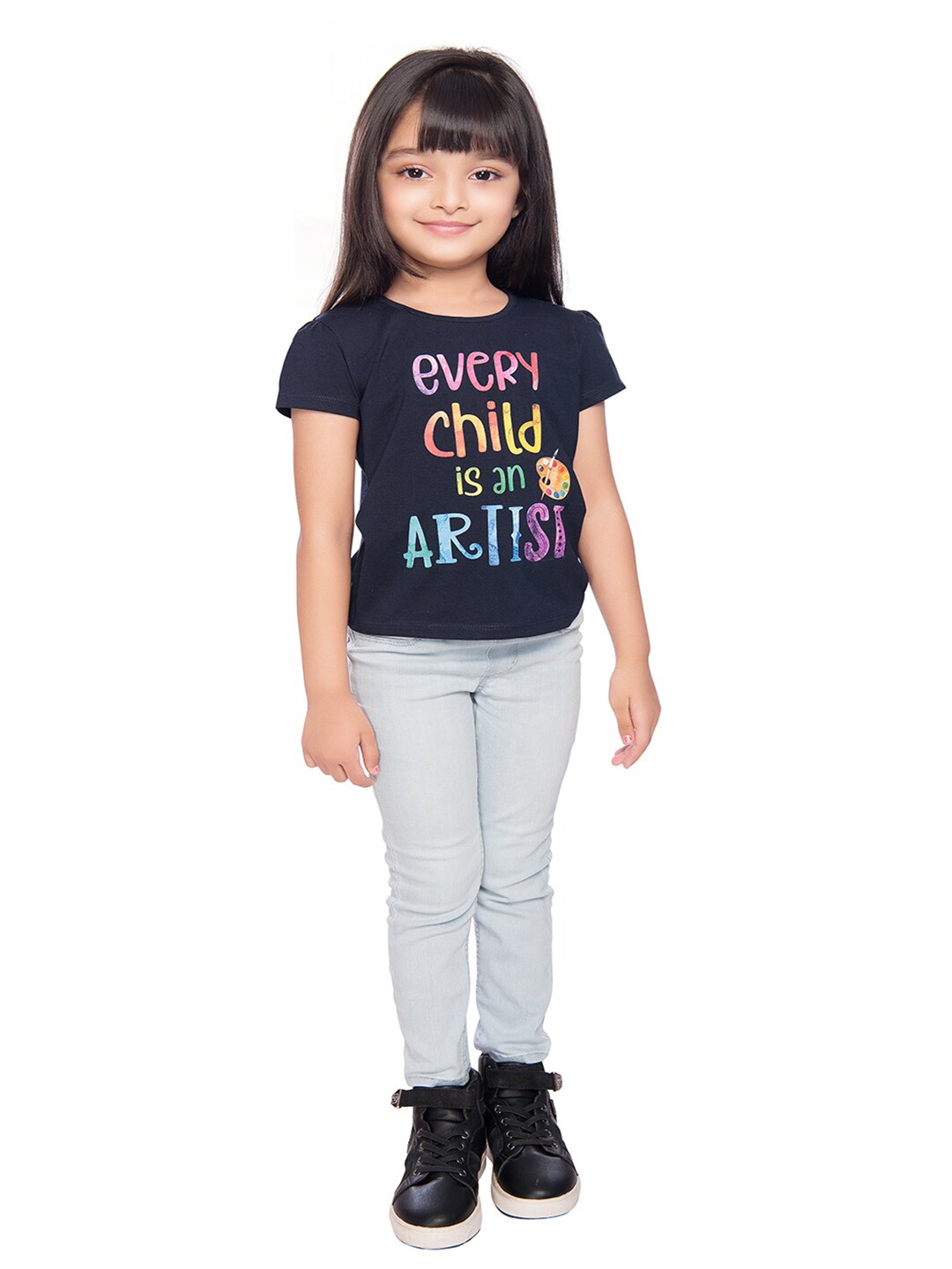 

Tiny Baby Girls Navy Blue Typography Printed T-shirt