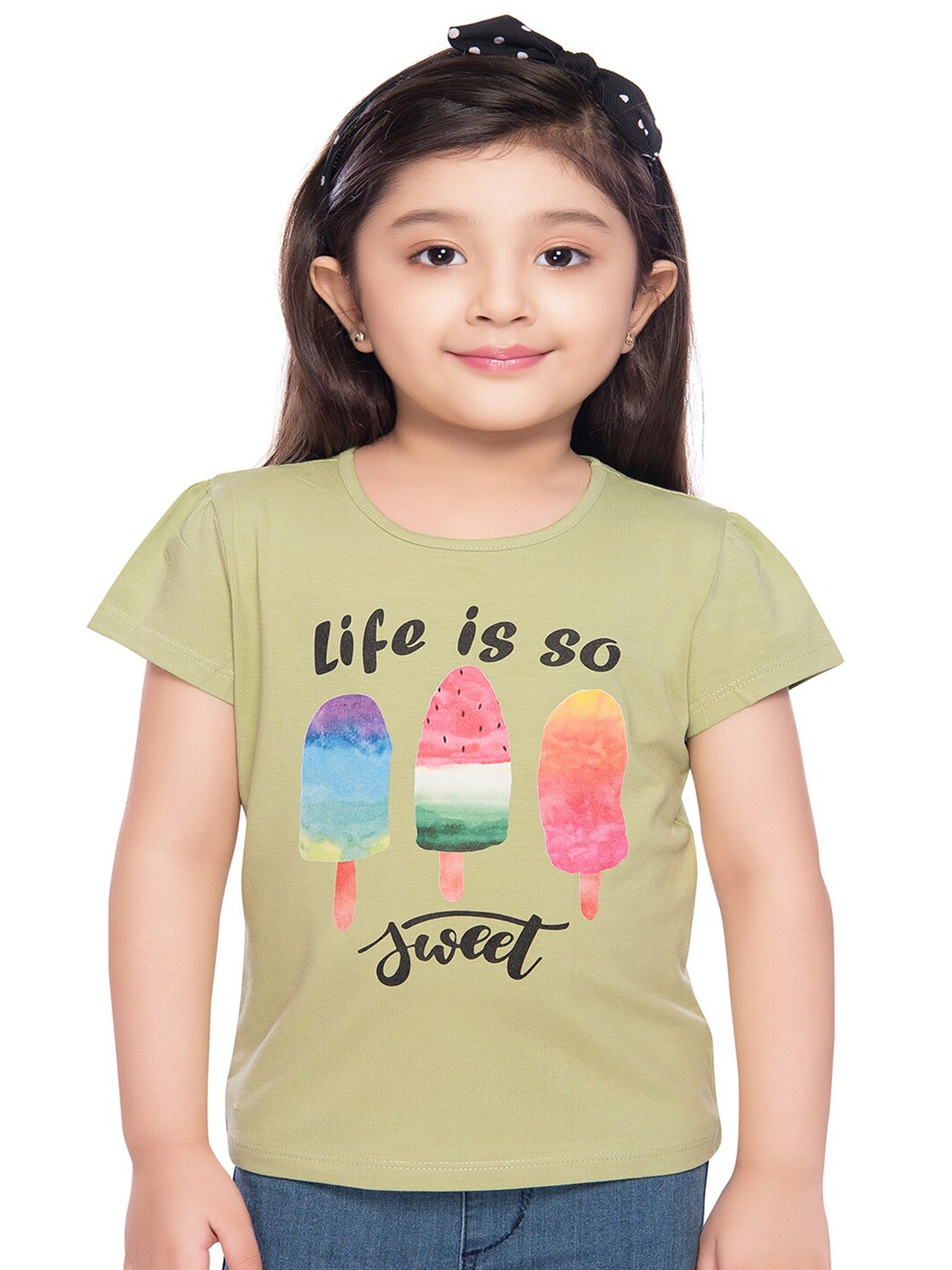 

Tiny Baby Girls Green & Pink Printed Puff Sleeves T-shirt