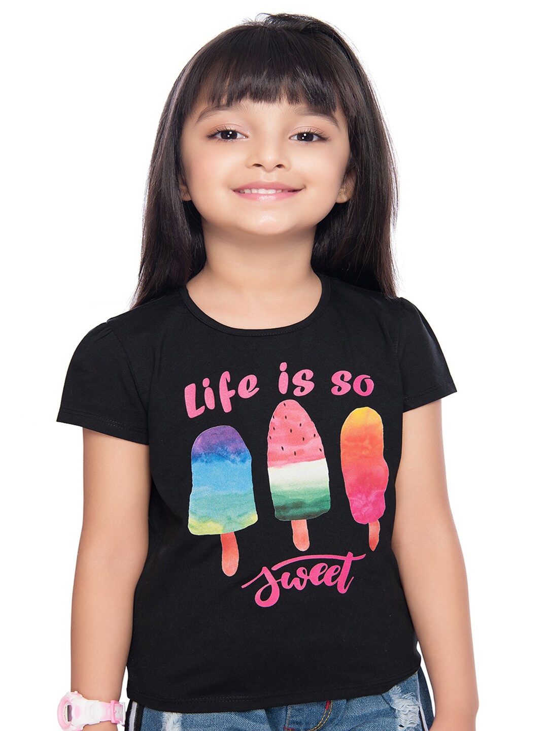 

Tiny Baby Girls Black & Pink Printed Puff Sleeve T-shirt