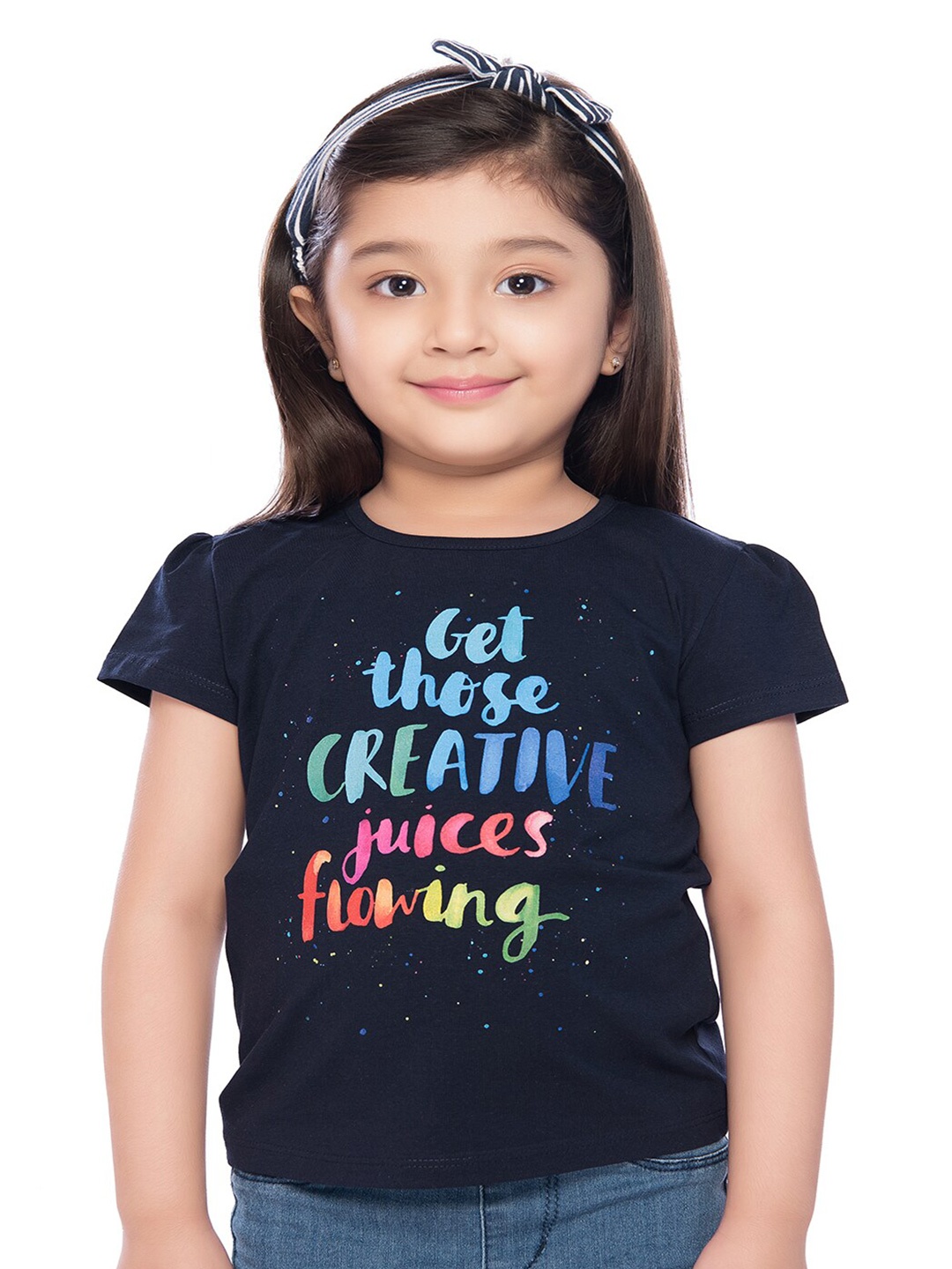

Tiny Baby Girls Navy Blue Typography Printed Puff Sleeves T-shirt