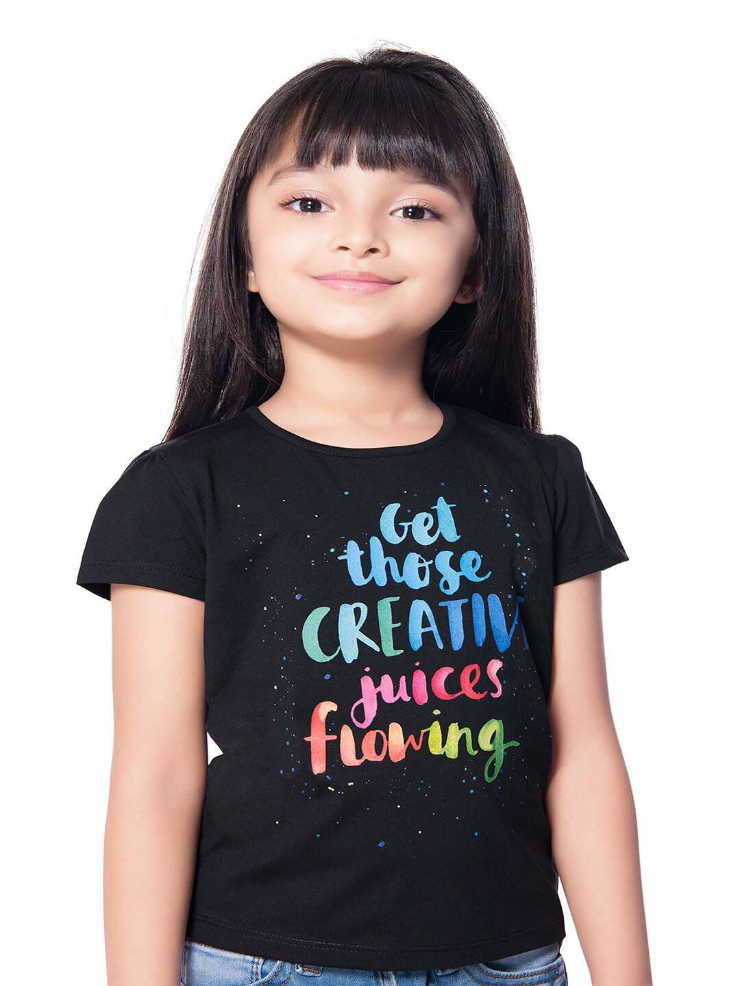 

Tiny Baby Girls Black & Blue Typography Printed Puff Sleeve T-shirt