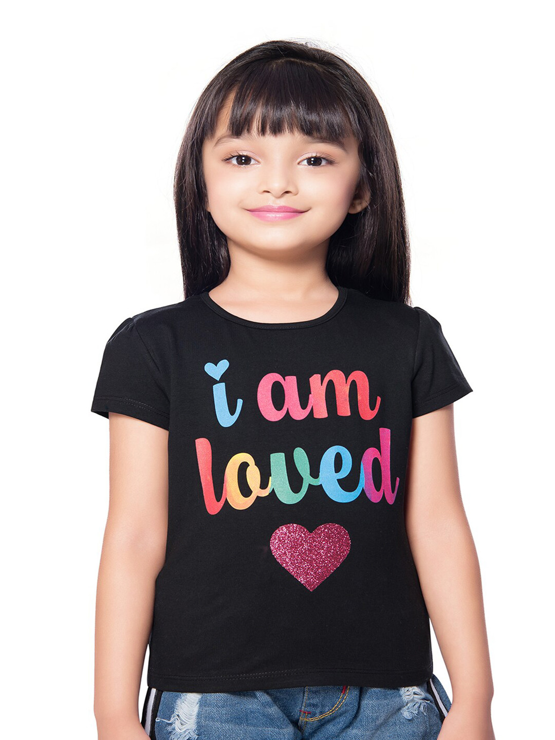 

Tiny Baby Girls Black Typography Printed Puff Sleeve T-shirt