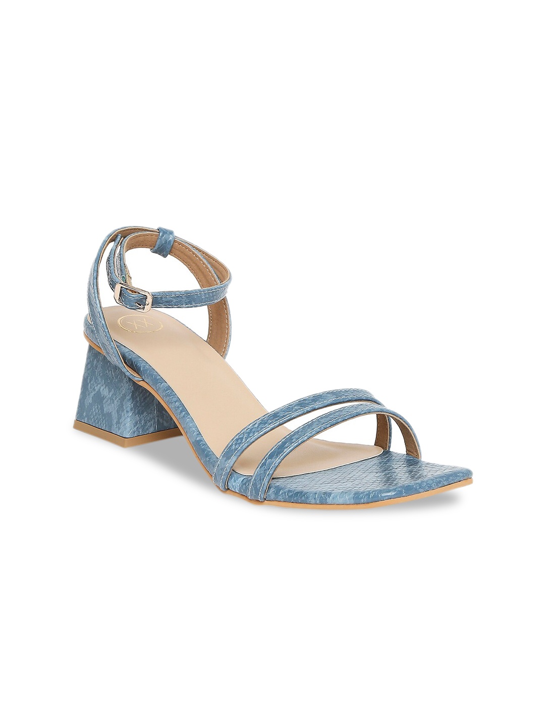 

20Dresses Blue Animal Textured Leather Block Heeled Sandals With Ankle Loop