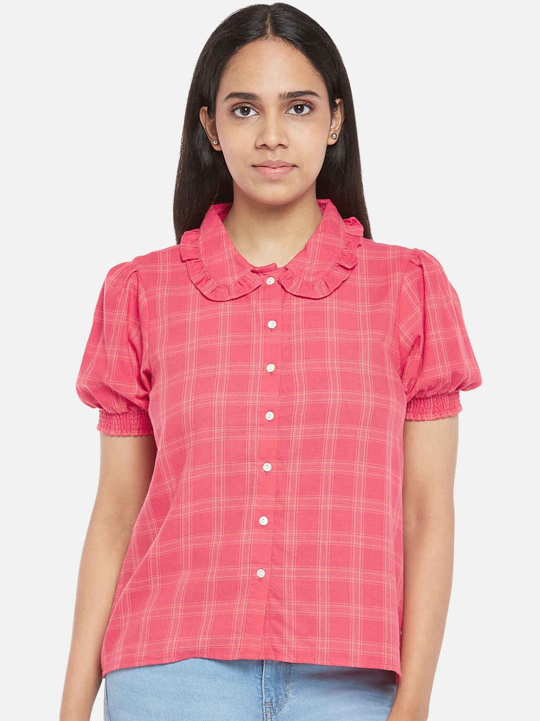 

People Women Pink Pure Cotton Opaque Checked Casual Shirt
