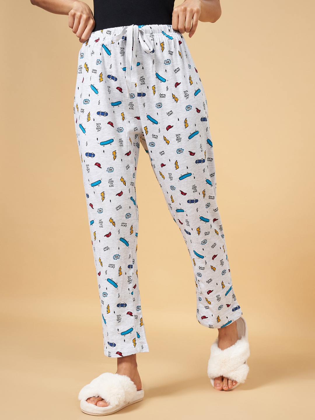 

People Womens Grey Printed Polka Dots Cotton Lounge Pants, Grey melange