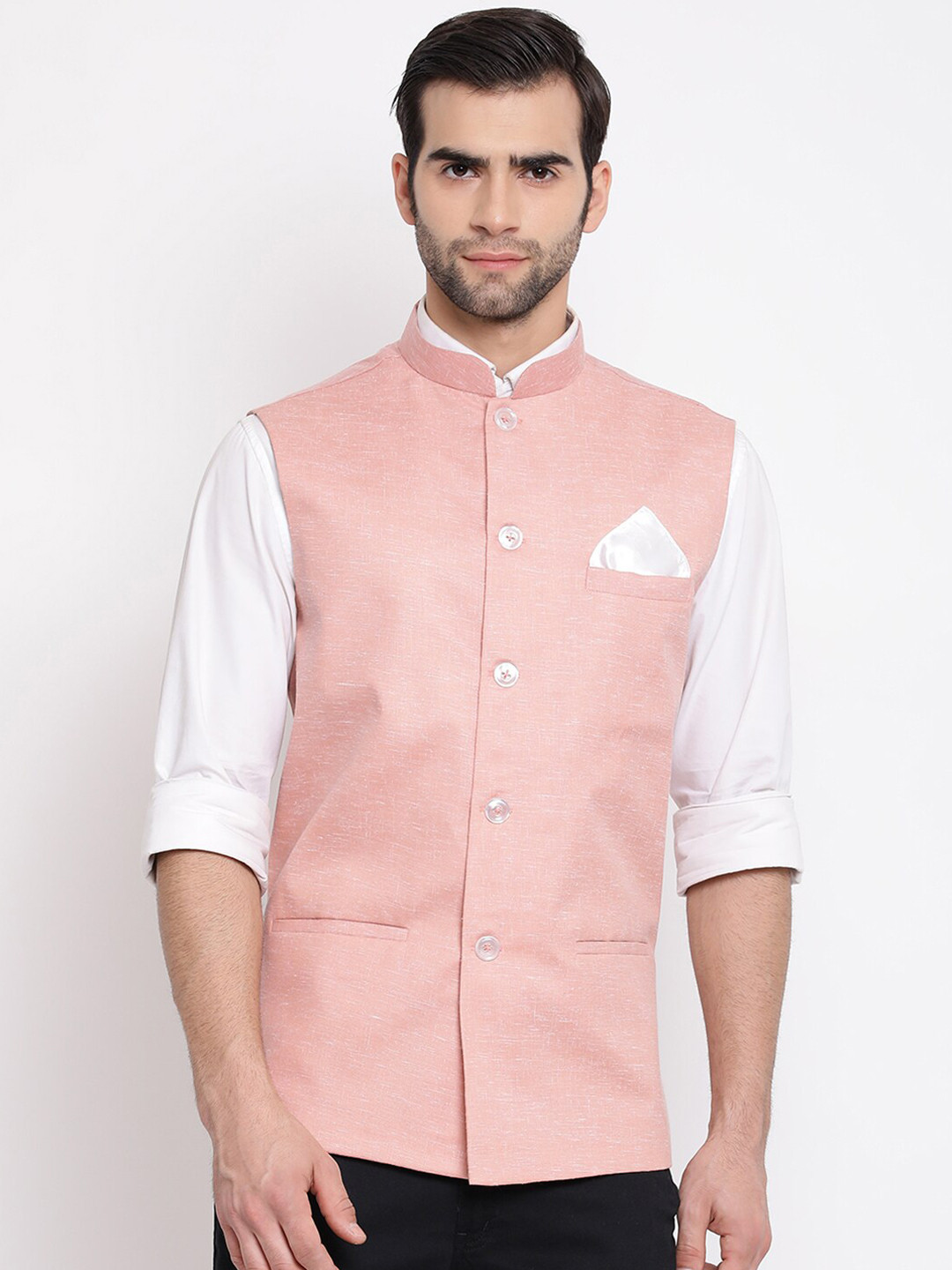 

VASTRAMAY Men Pink Solid Slim-Fit Woven Nehru Jacket