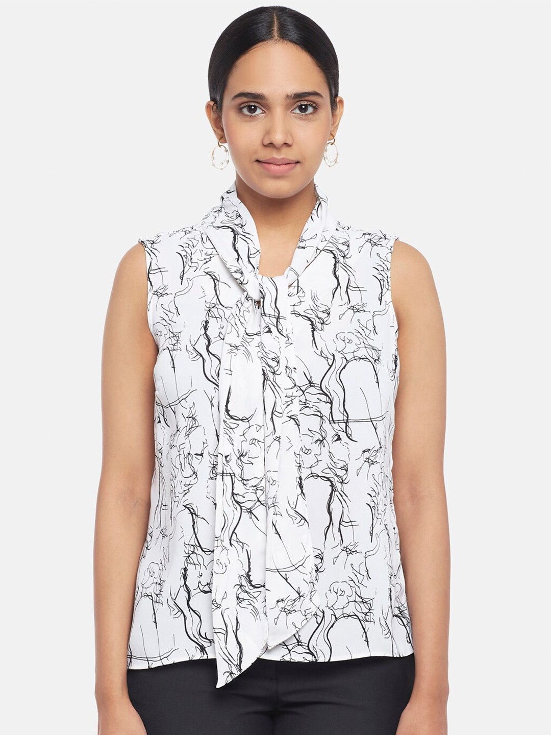 

Annabelle by Pantaloons White & Black Abstract Printed Tie-Up Neck Regular Top
