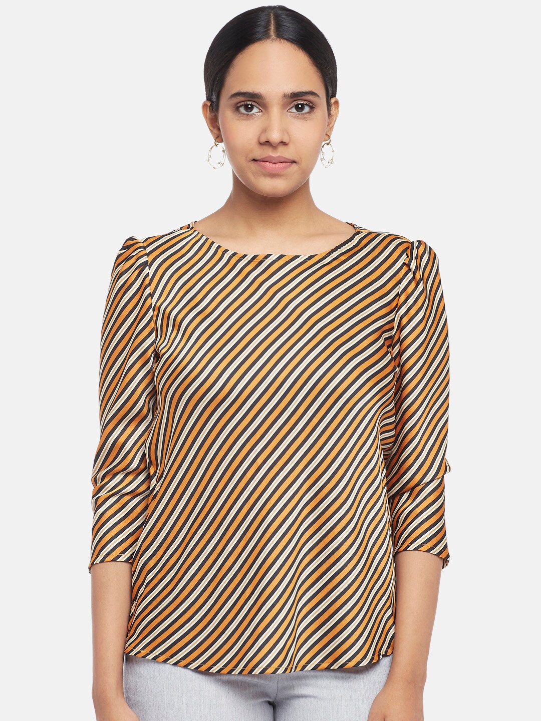 

Annabelle by Pantaloons Women Mustard Yellow & Black Striped Regular Top