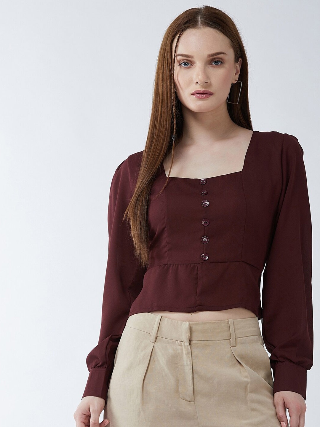 

Purple Feather Women Maroon Bishop Sleeves Crepe Regular Crop Top