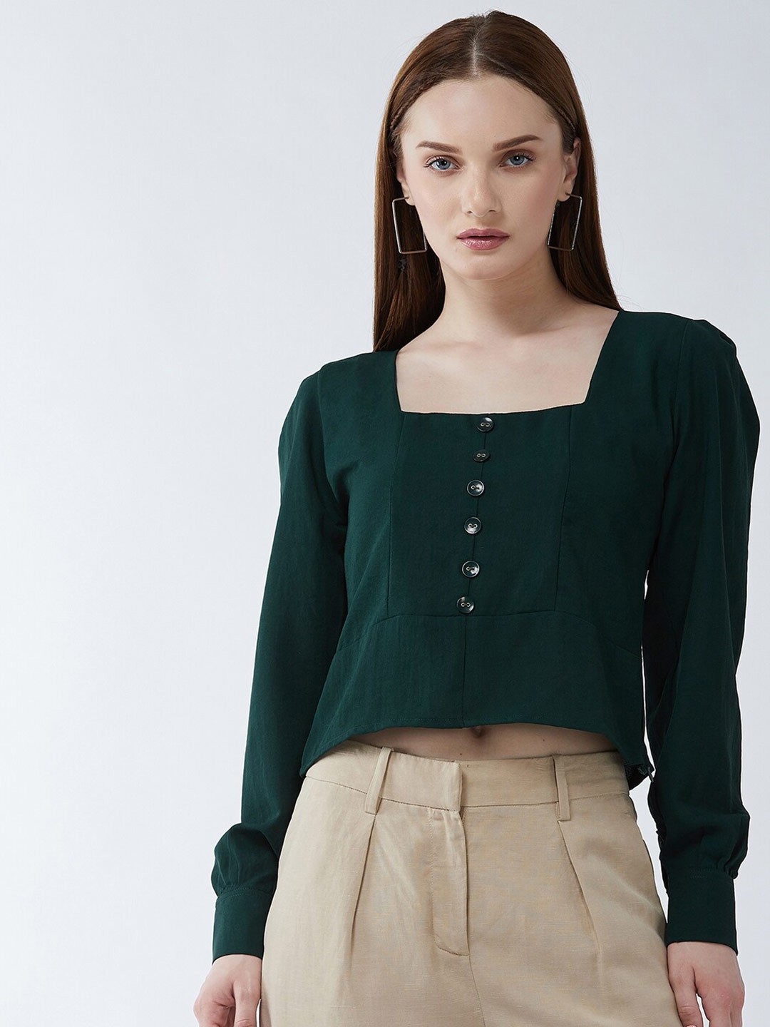 

Purple Feather Women Green Crepe Regular Crop Top