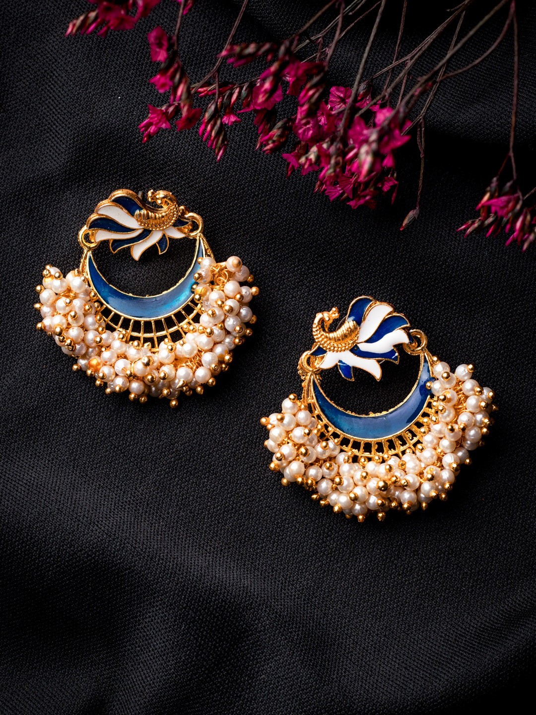 

MORKANTH JEWELLERY Blue Gold-Toned Pearl Beaded Enamelled Peacock Shaped Chandbali Earring