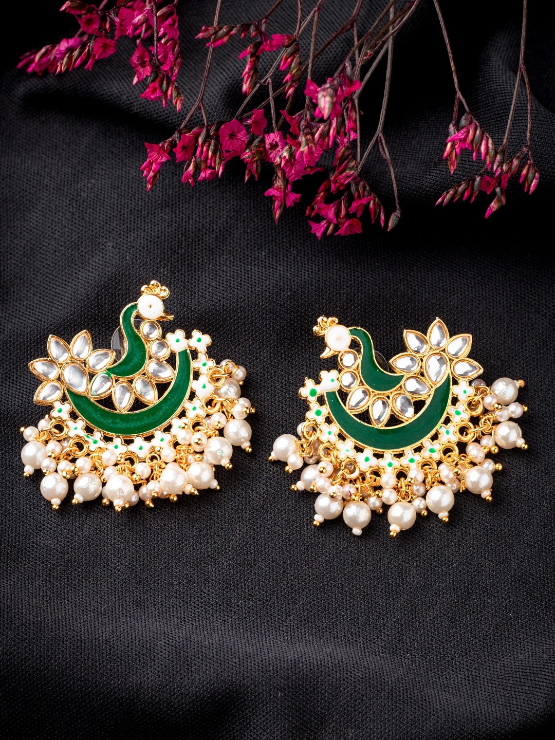 

MORKANTH JEWELLERY Green Gold-Toned Pearl Beaded Enamel Peacock Shaped Chandbali Earring