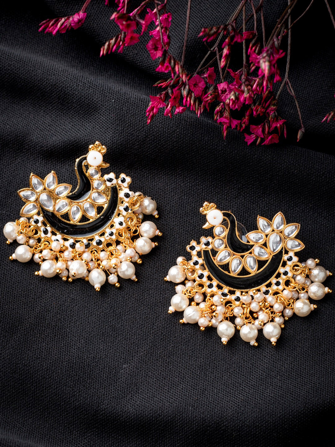 

MORKANTH JEWELLERY Black Gold-Toned Pearl Beaded Enamel Peacock Shaped Chandbali Earring
