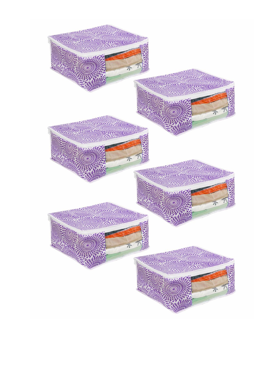 

prettykrafts Set Of 6 Purple Printed Saree Organizers With Transparent Window