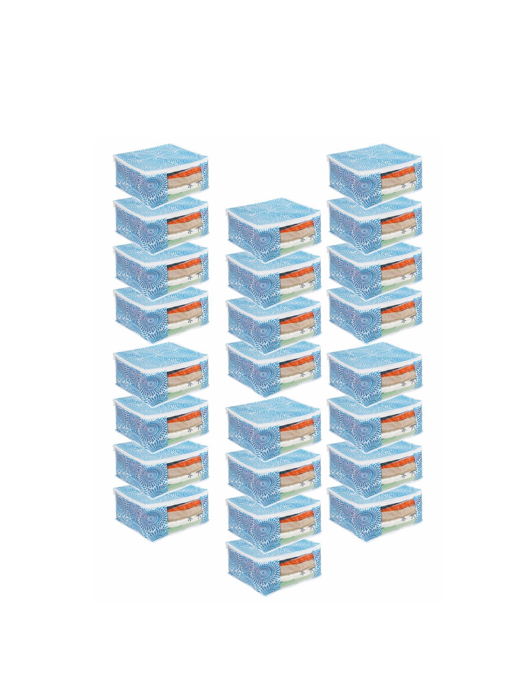 

prettykrafts Set Of 24 White & Blue Printed Saree Organizers With Transparent Window